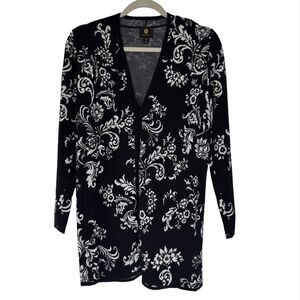 JM Collection Petite Printed Open Front Cardigan Medium Deep Black Combo Classic